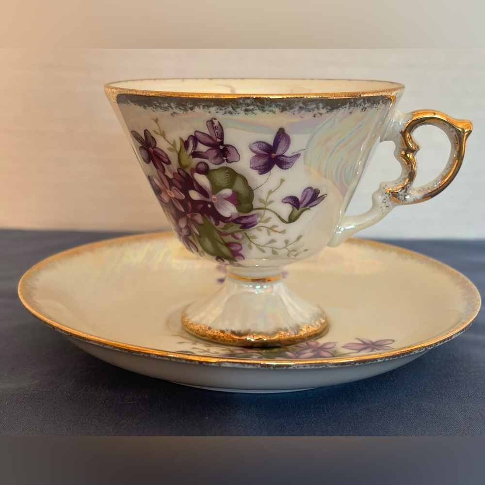 Floral Teacup and Saucer Set with Gold Trim